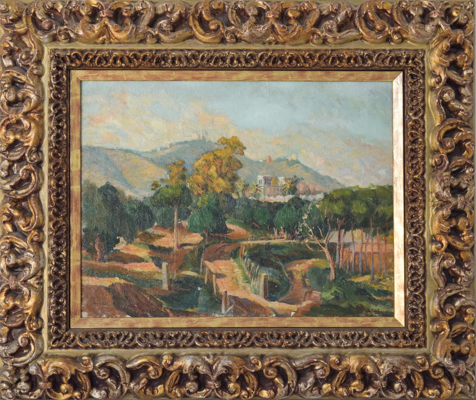 photo furniture Impressionistisch Gesigneerd Mediterraan Landschap Met Uitzicht Op Een Rivier En Bergen