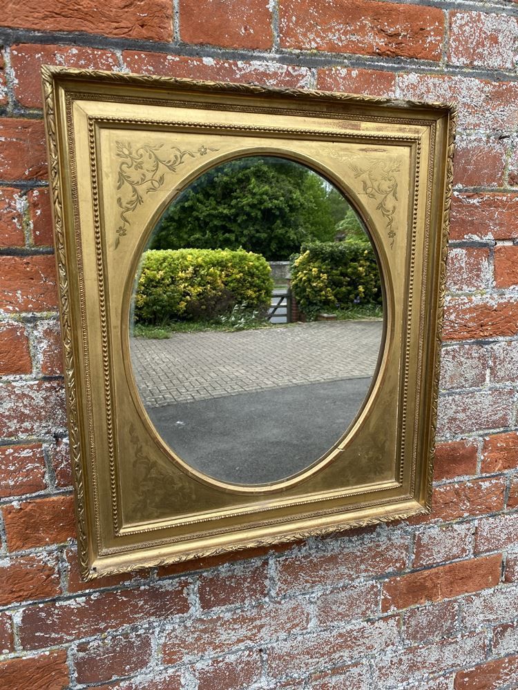 An Impressive Good Size Antique French 19th Century Carved Wood & Gesso Original Gilt Etched Framed Mirror