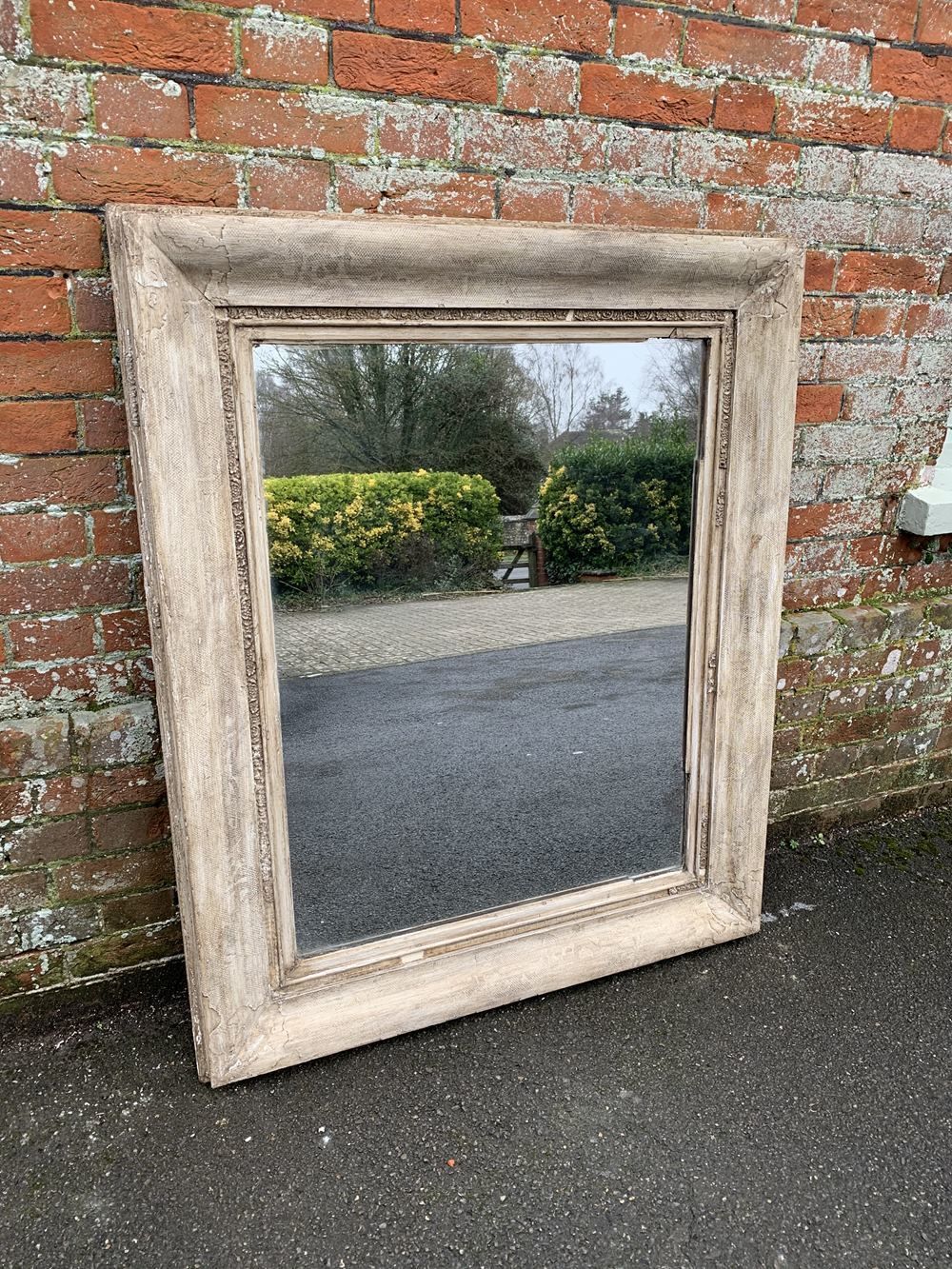 A Highly Useful Distressed Antique 19th Century English Carved Wood Distressed Painted Mirror