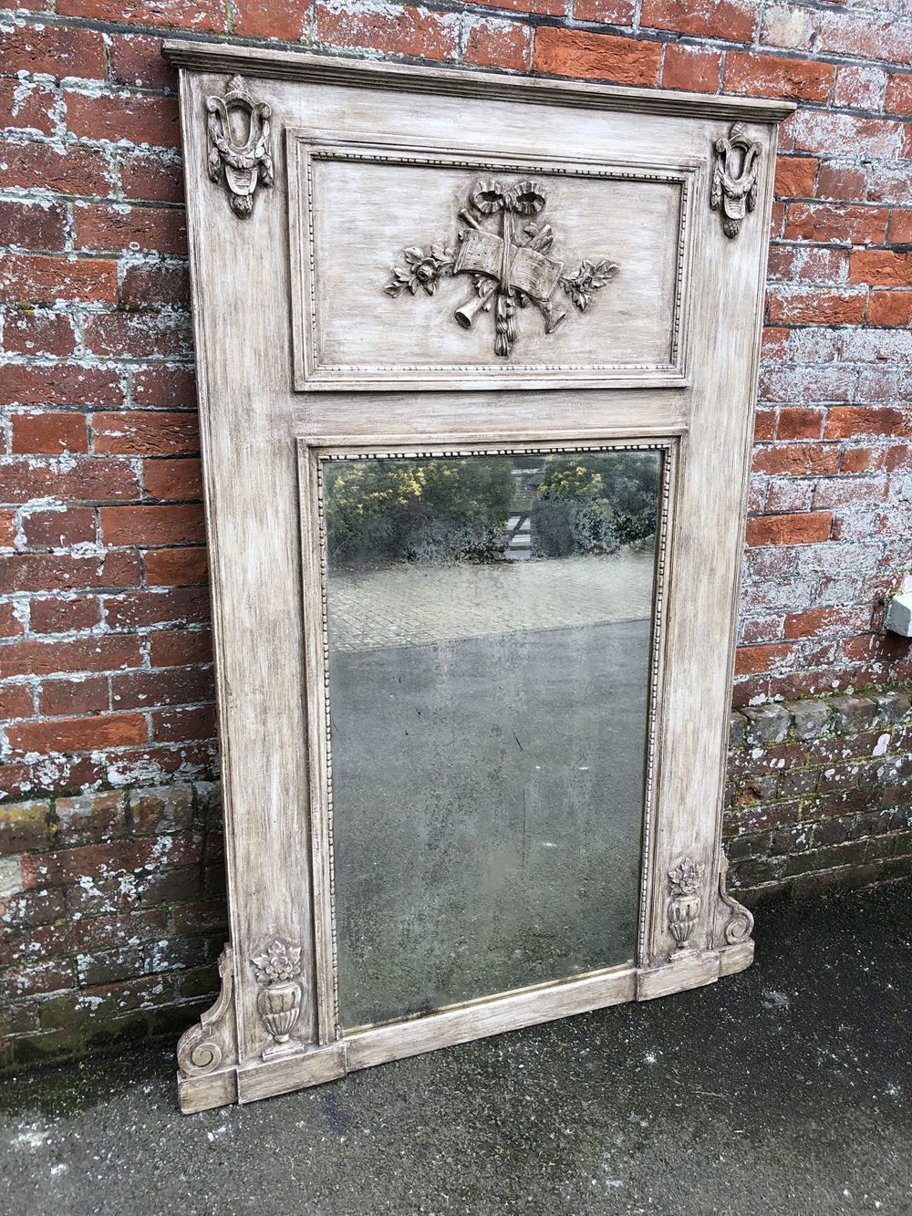 A Wonderful Large Antique 19th Century French Carved Wood & Gesso Painted & Gilt Trumeau Mirror
