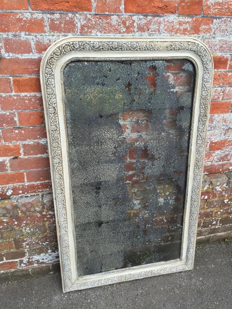 A Good Size Antique 19th Century French Carved Wood & Gesso Arched Top Painted Mirror