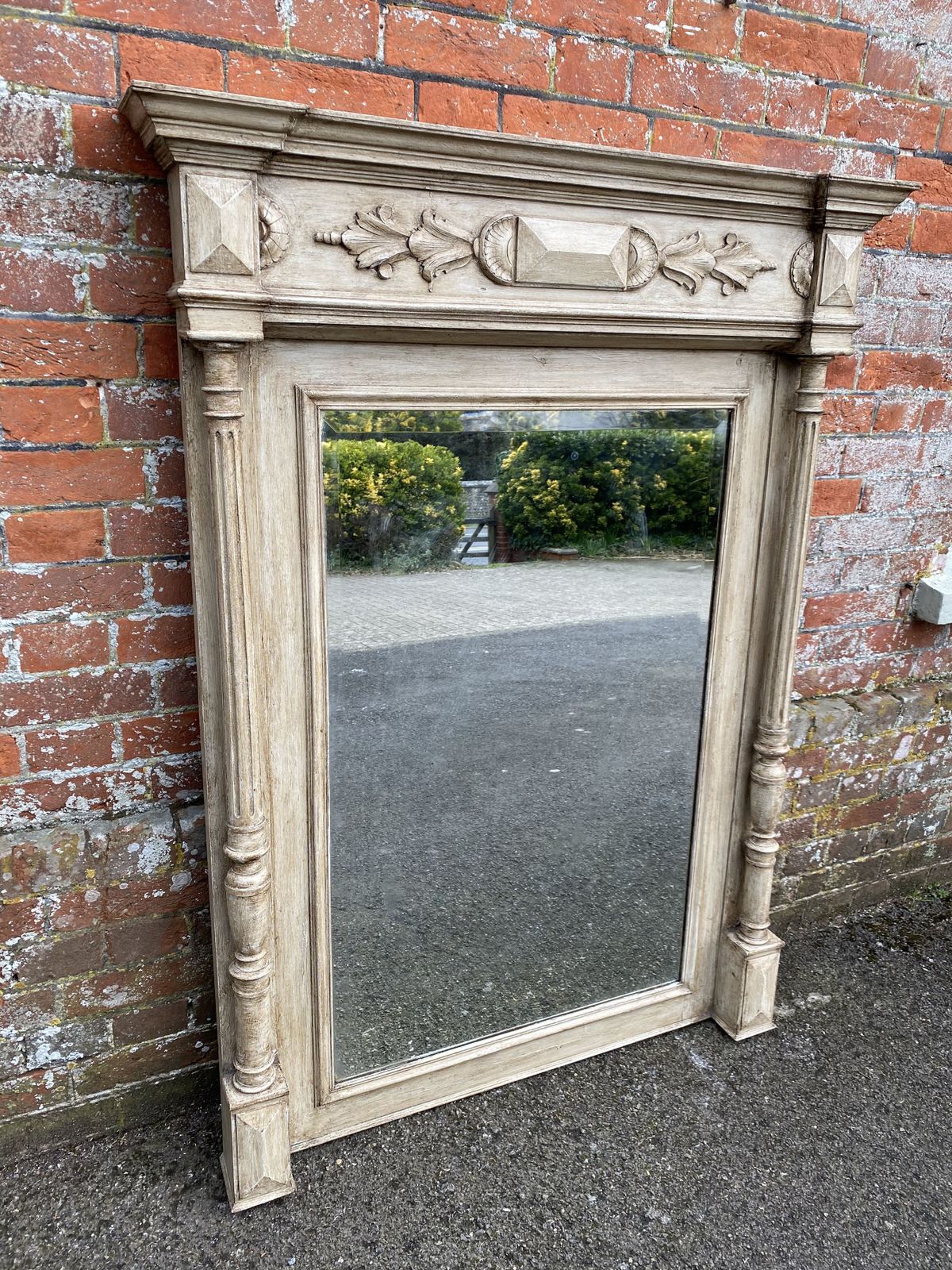 A Fabulous Large Antique French 19th Century Carved Wood Painted Column Mirror