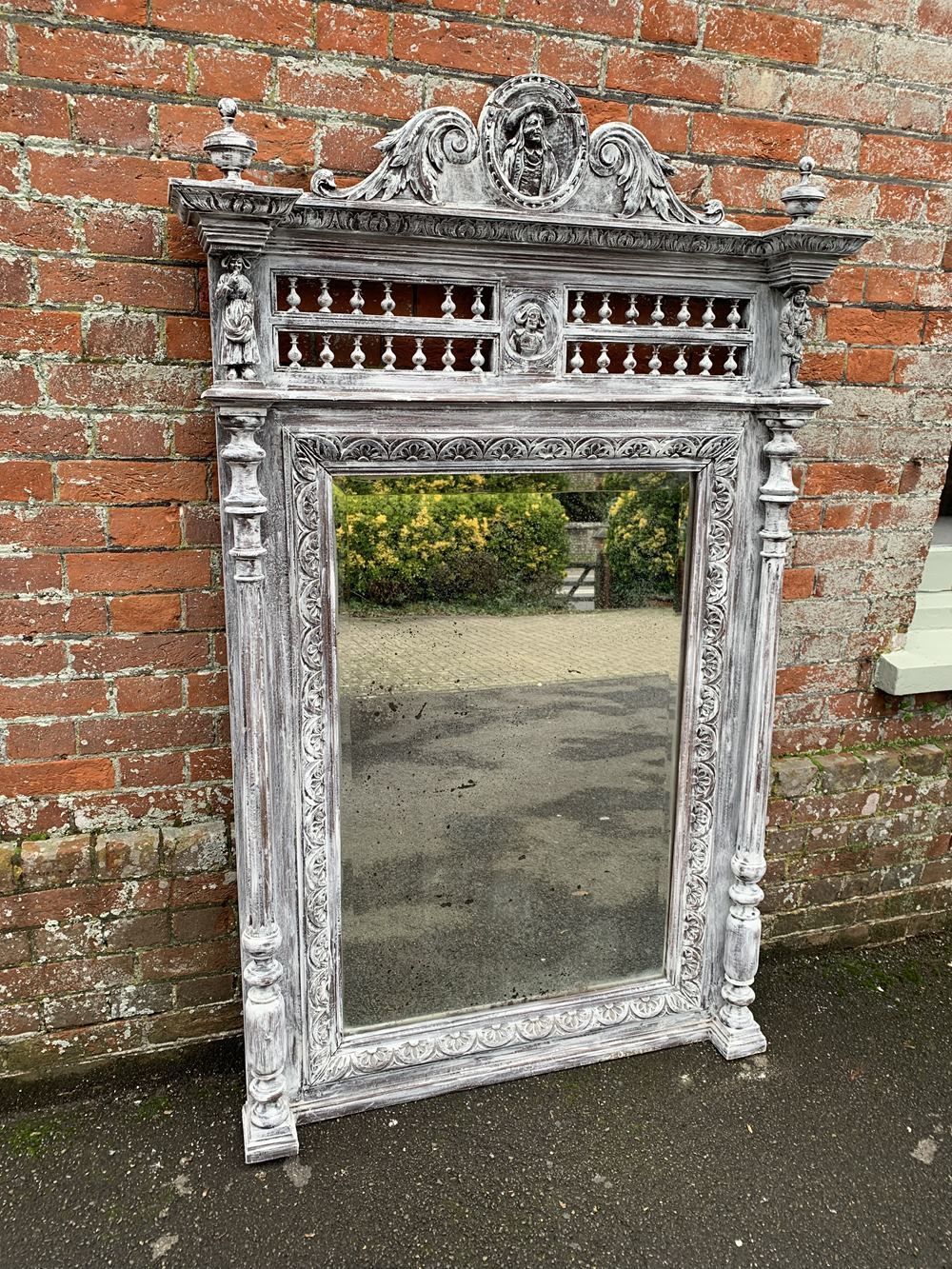 A Fabulous Large Antique French 19th Century Carved Wood Distressed Painted Mirror
