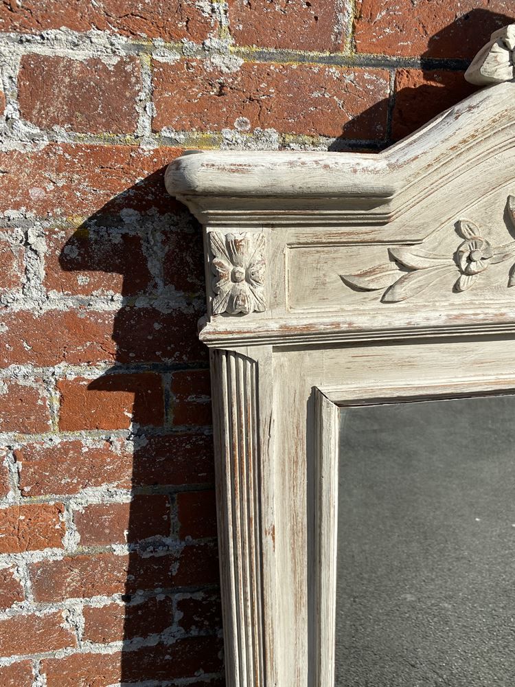 A Wonderful Large Antique French 19th Century Carved Wood Painted Shaped Top Mirror photo furniture