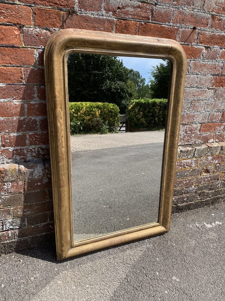A Wonderful Antique French 19th Century Carved Wood & Gesso Arched Top Gilt Mirror