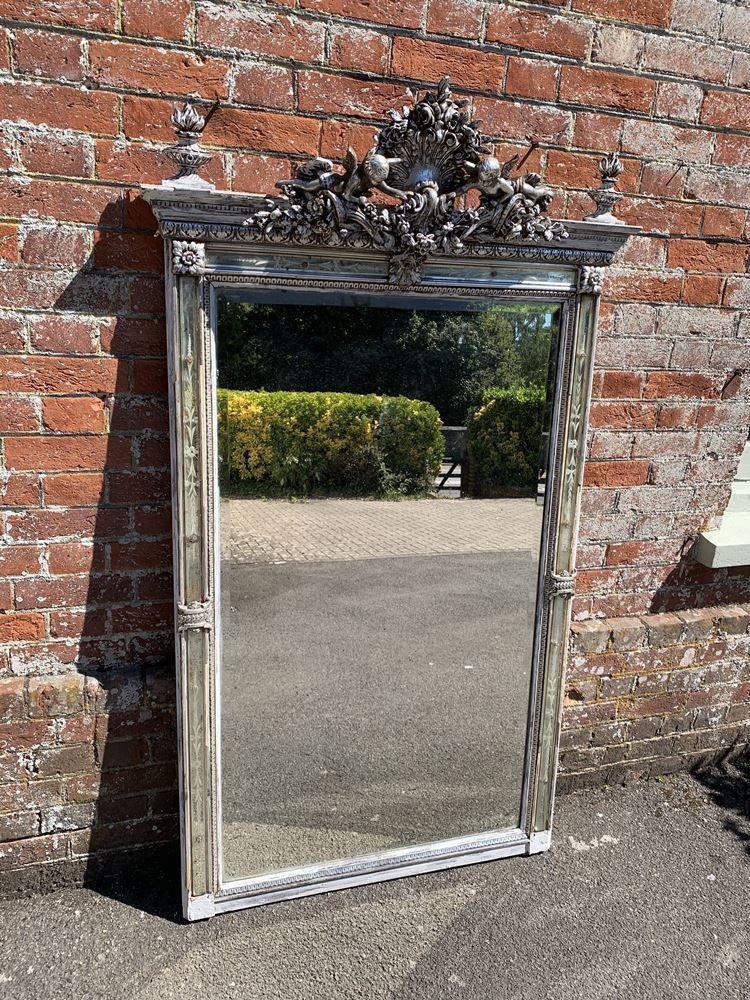 A Spectacular Large Antique French 19th Century Carved Wood & Gesso Original Silvered And Painted Mirror
