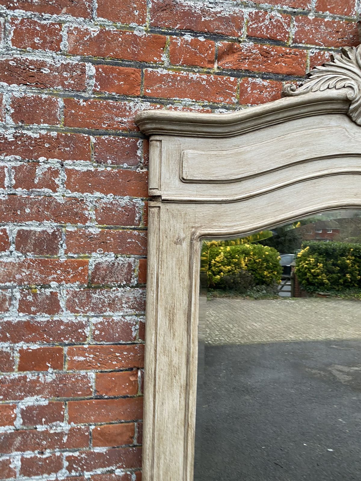 A Delightful Large Antique French 19th Century Carved Wood Painted Shaped Top Mirror photo furniture