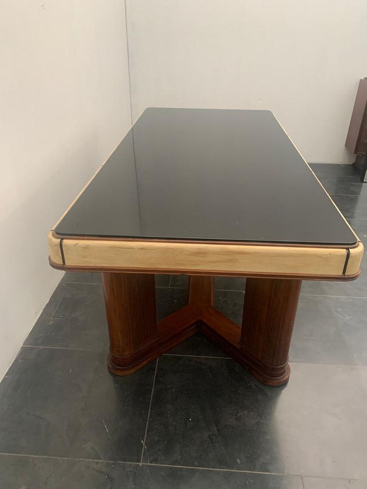 Art Deco Table In Rosewood And Parchment With Black Glass Top, 1930s photo buy