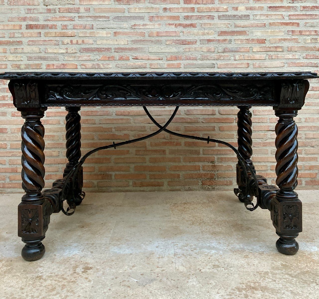 Spanish Baroque Table With Dark Walnut Solomonic Legs With Carved Structure And Iron Stretcher photo furniture