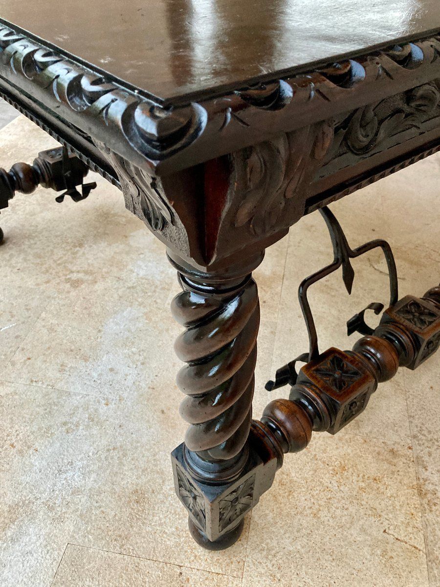 photo buy Spanish Baroque Table With Dark Walnut Solomonic Legs With Carved Structure And Iron Stretcher