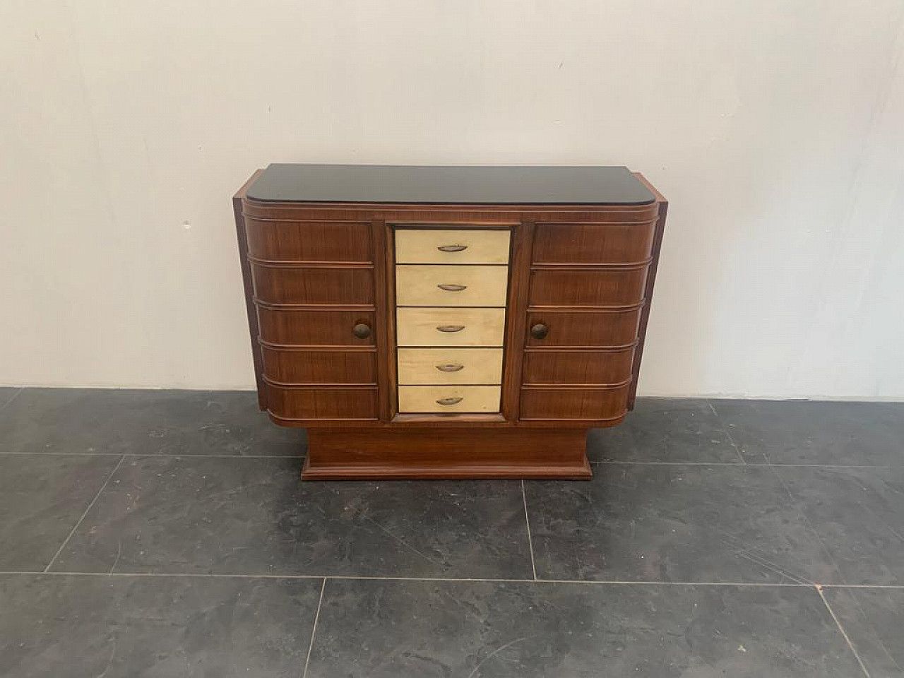 Art Deco Bar Cabinet In Rosewood And Parchment With Black Glass Top, 1930s photo for sale