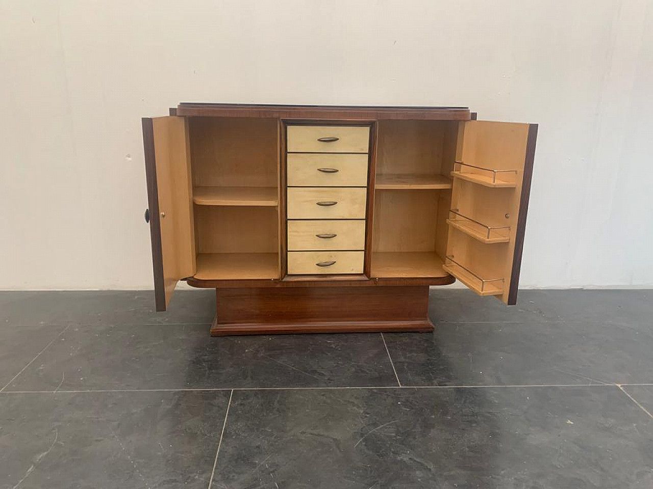 Art Deco Bar Cabinet In Rosewood And Parchment With Black Glass Top, 1930s photo 4492.8