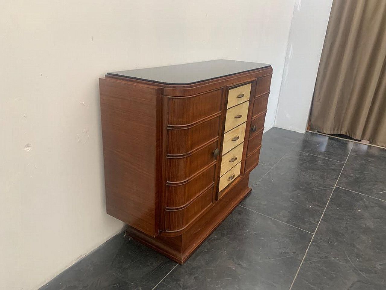 Art Deco Bar Cabinet In Rosewood And Parchment With Black Glass Top, 1930s photo vintage