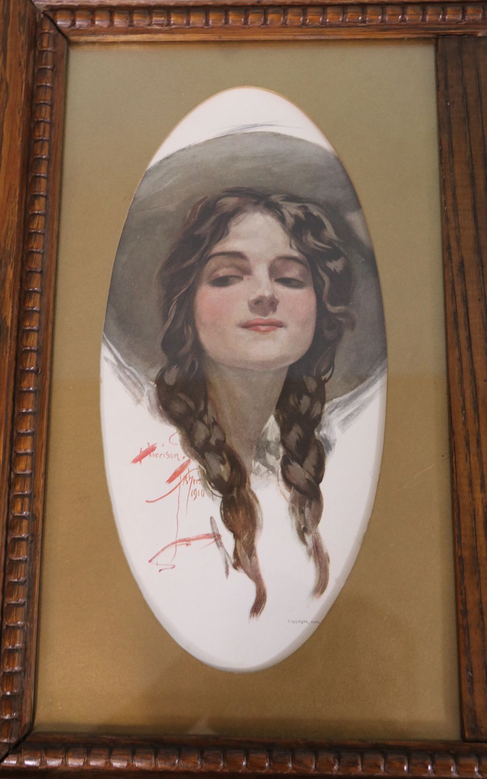 An Edwardian Quality Oak Framed Wall, Bathroom Or Overmantel Mirror With Portrait Prints Of Young Ladies photo furniture