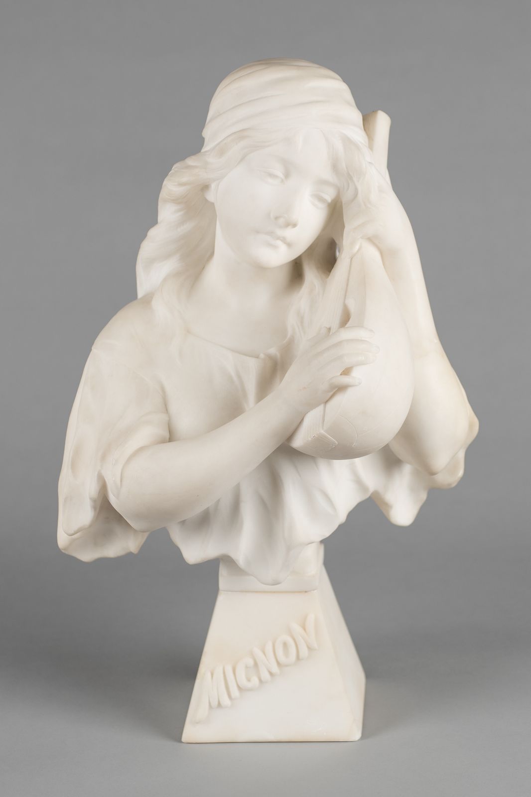 A Large French Carved Alabaster Sculpture Of A Female Playing A Lyre. Titled Mignon Signed R.Lusili photo furniture
