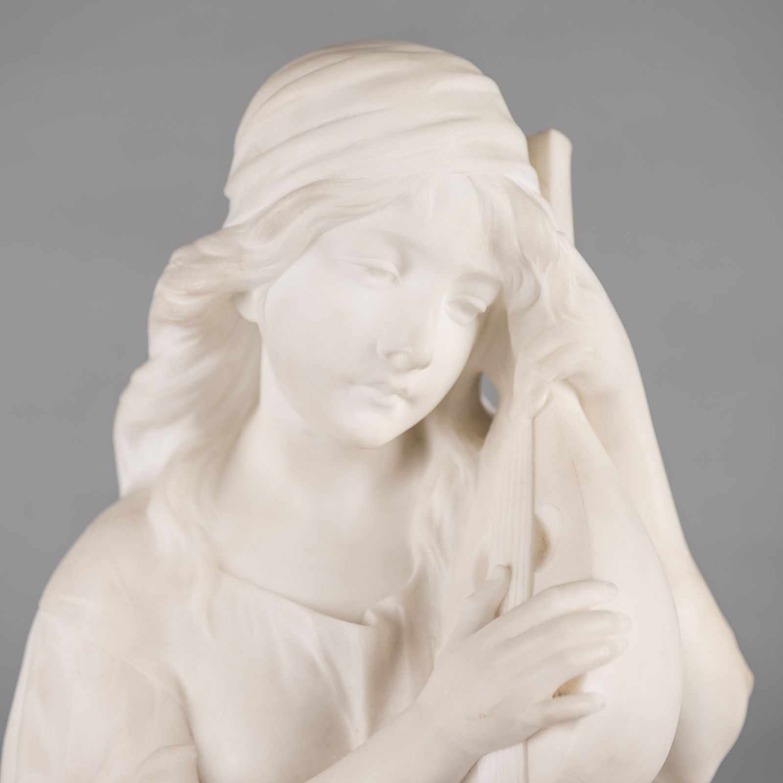 A Large French Carved Alabaster Sculpture Of A Female Playing A Lyre. Titled Mignon Signed R.Lusili photo for sale