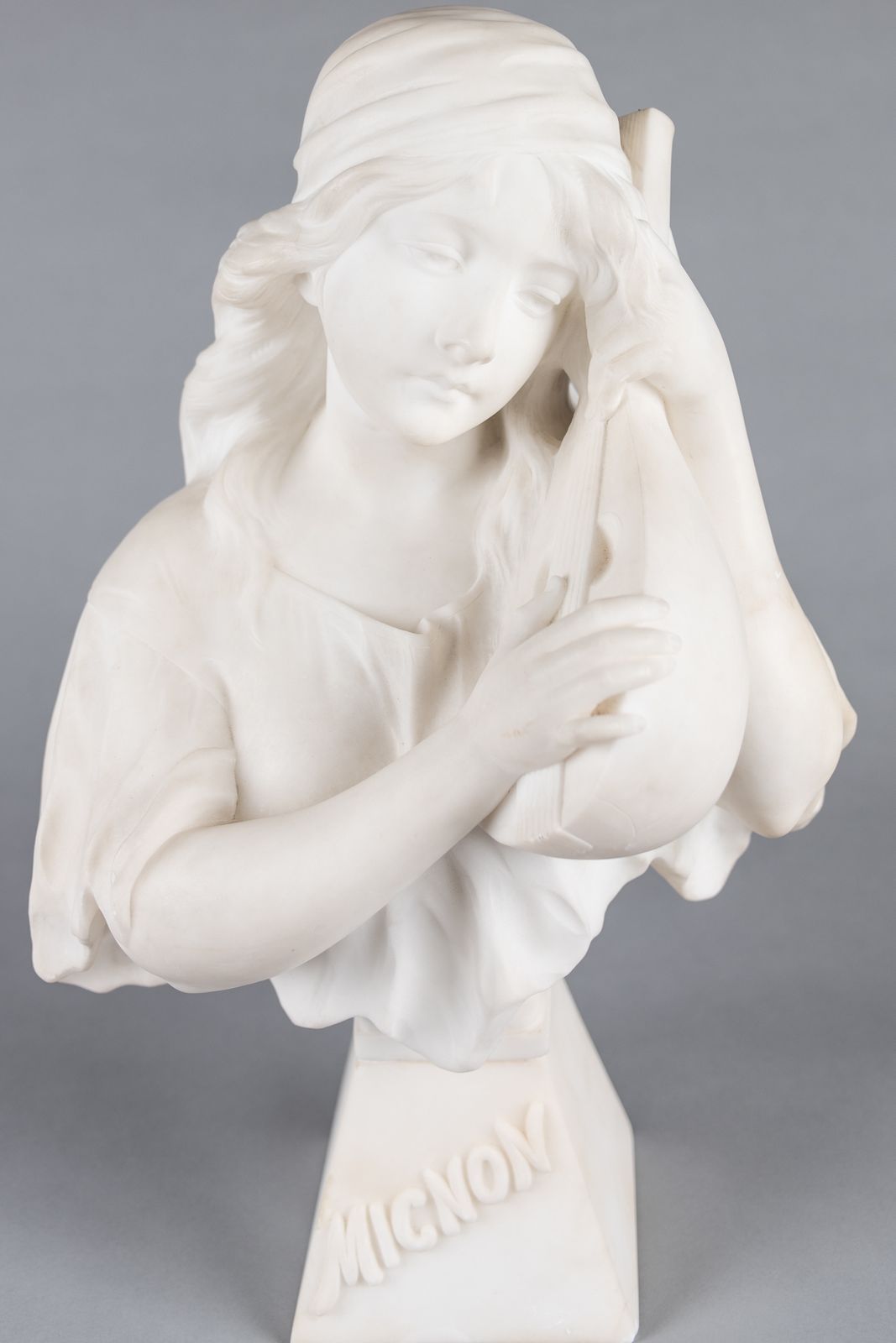 A Large French Carved Alabaster Sculpture Of A Female Playing A Lyre. Titled Mignon Signed R.Lusili photo Art