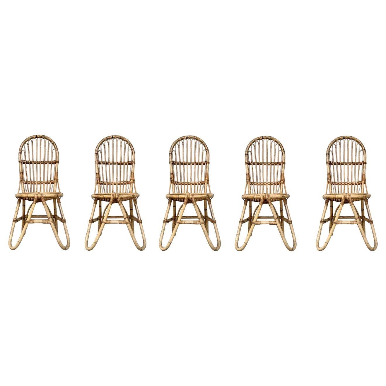 Set Of Five French Bamboo And Rattan French Sculptural Dining Chairs Circa 1970 photo furniture