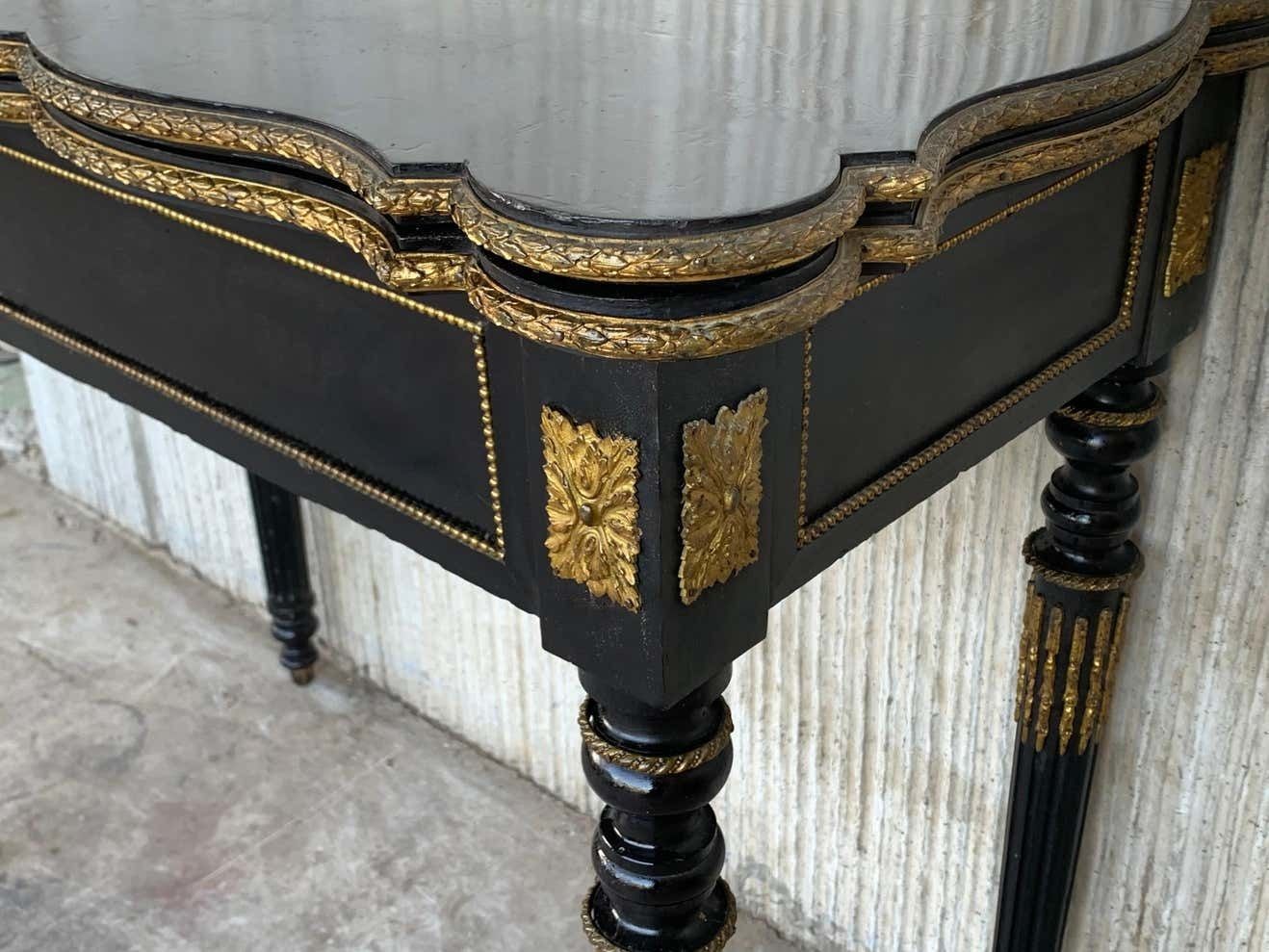Table de jeu pliante française ébonisée, montures en bronze, XIXe siècle photo vintage