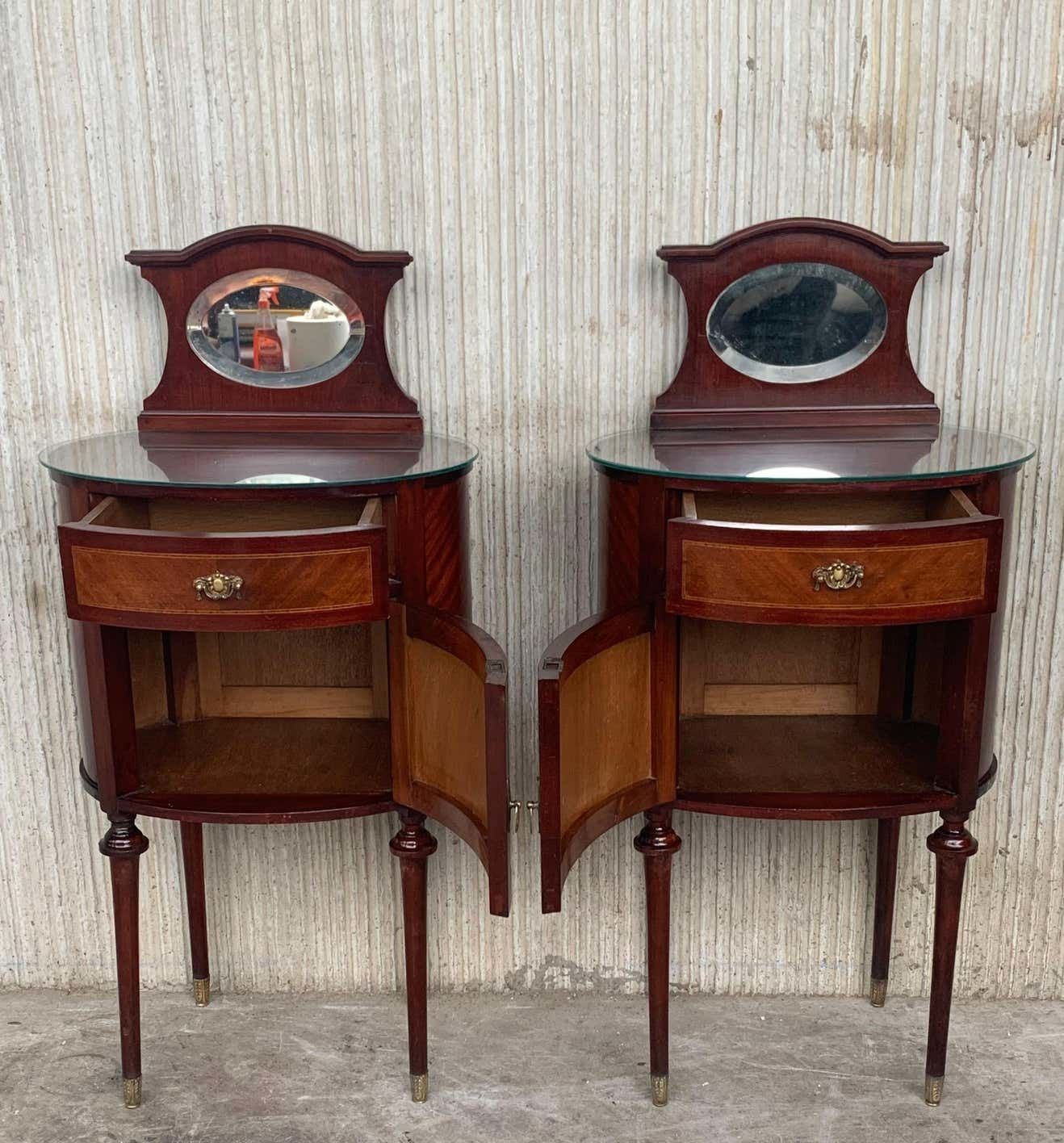 19th Louis XVI Style Pair Of Marquetry Nightstands With Bronze & Mirror Crest photo vinterior