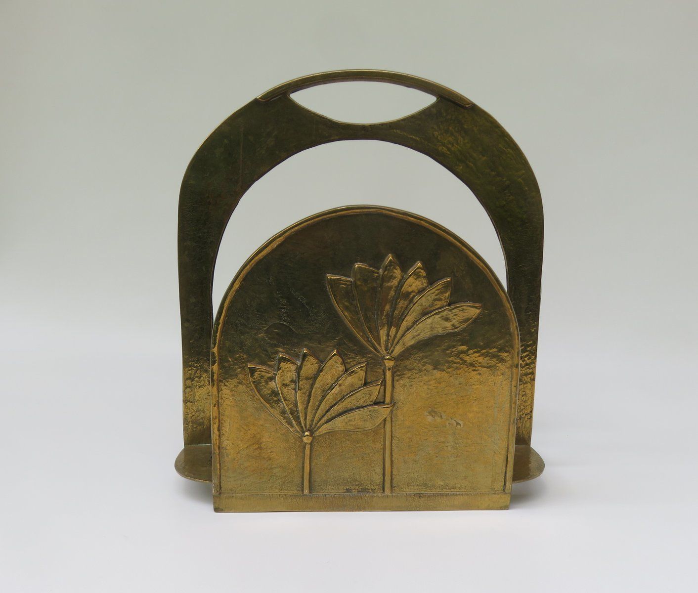 Brutalist Style Brass Magazine Rack With Floral Elements, 1970s