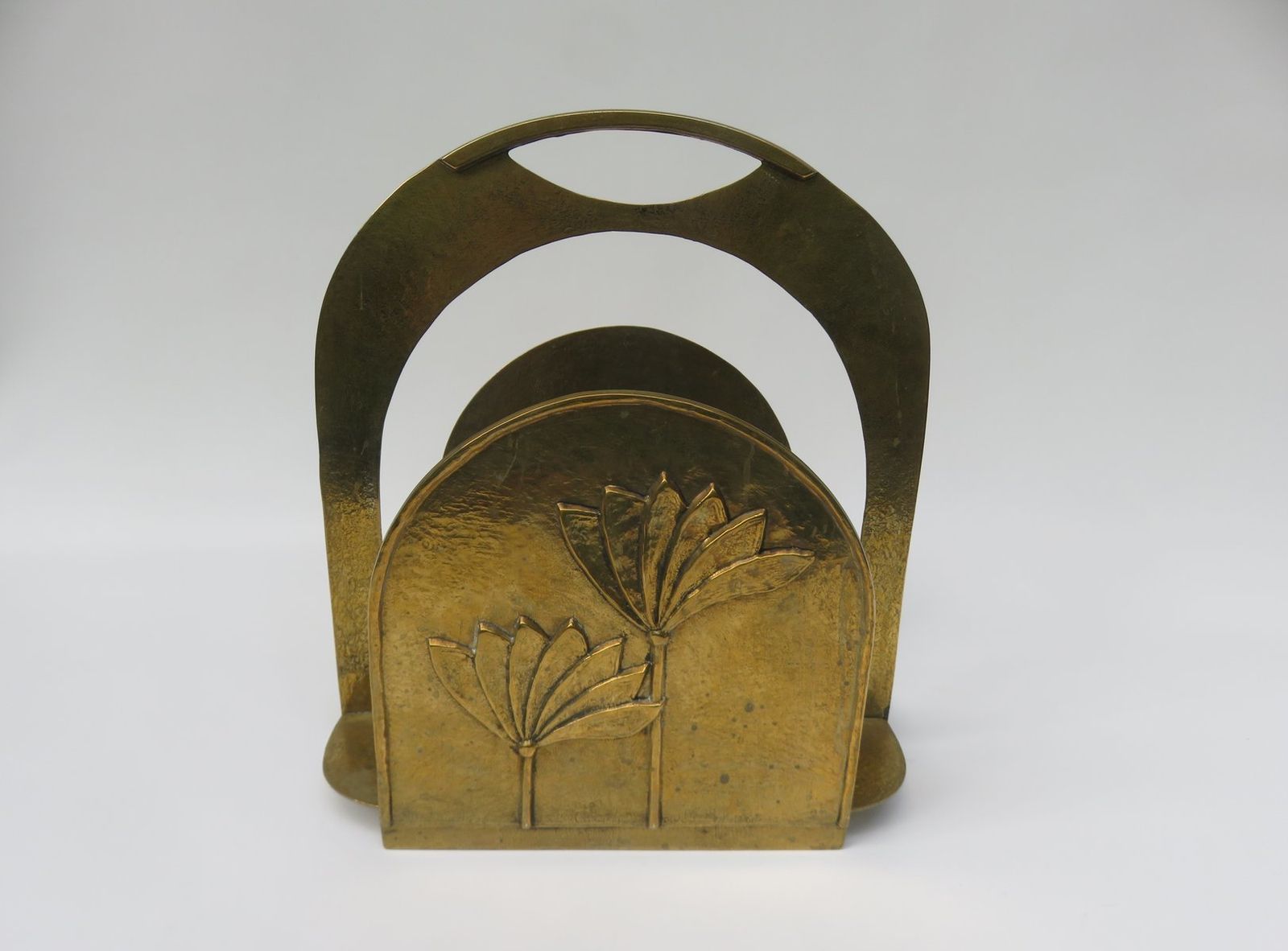 Brutalist Style Brass Magazine Rack With Floral Elements, 1970s photo for sale