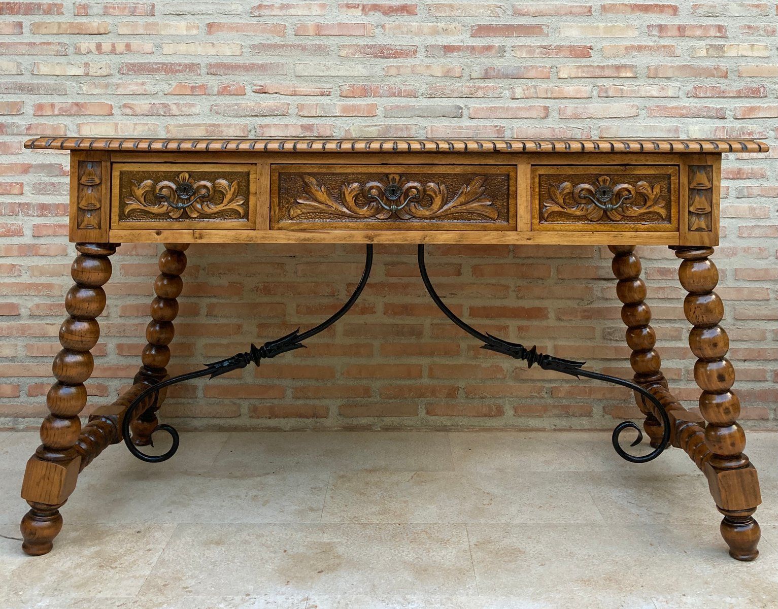 19th Century French Hand Carved Oak Desk With Iron Stretcher & Solomonic Legs