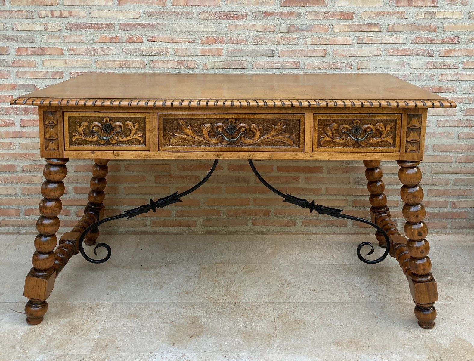 19th Century French Hand Carved Oak Desk With Iron Stretcher & Solomonic Legs photo furniture