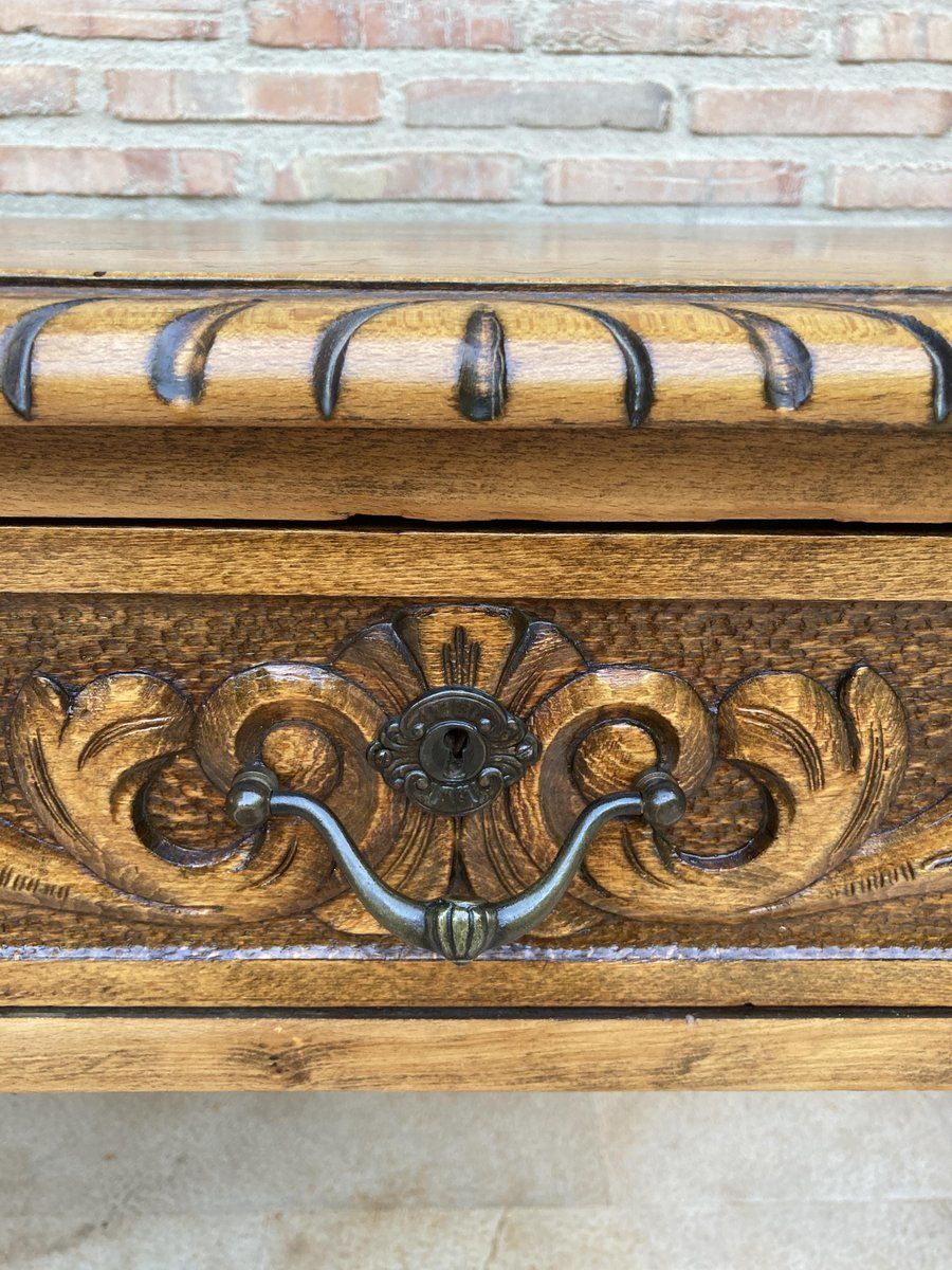 19th Century French Hand Carved Oak Desk With Iron Stretcher & Solomonic Legs photo Furniture
