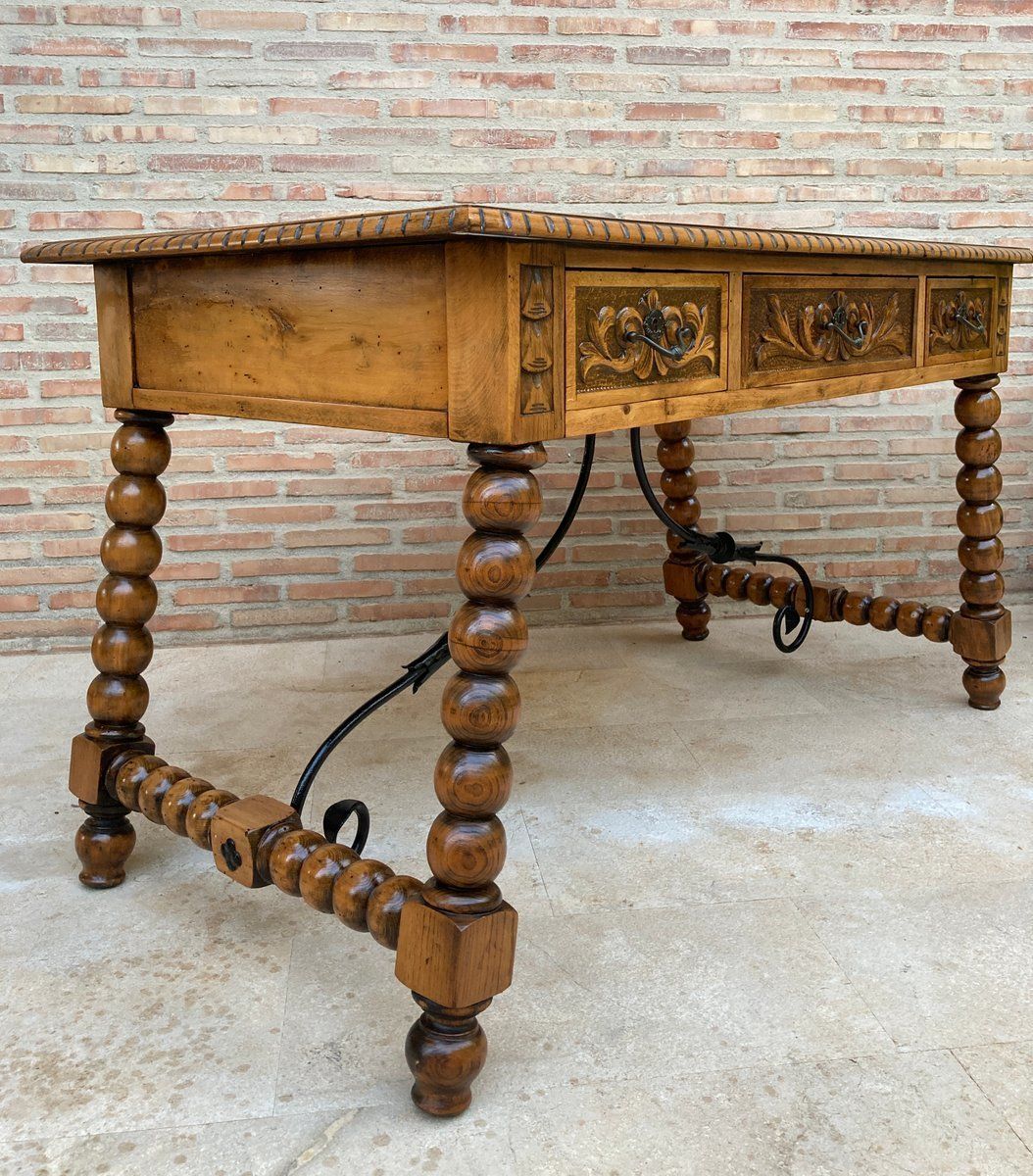 photo vinterior 19th Century French Hand Carved Oak Desk With Iron Stretcher & Solomonic Legs