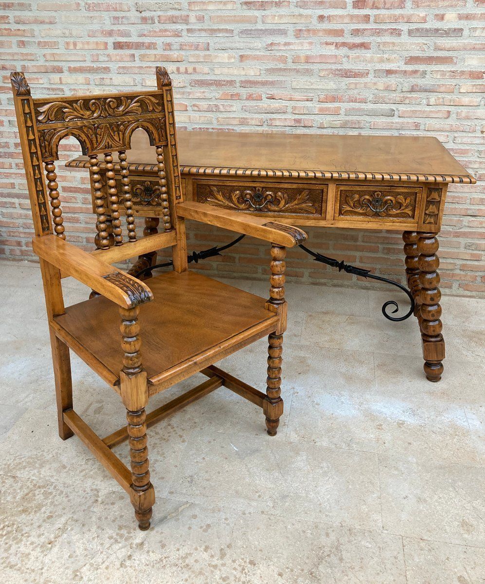 Furniture 19th Century French Carved Oak Turned Wood Armchair photo