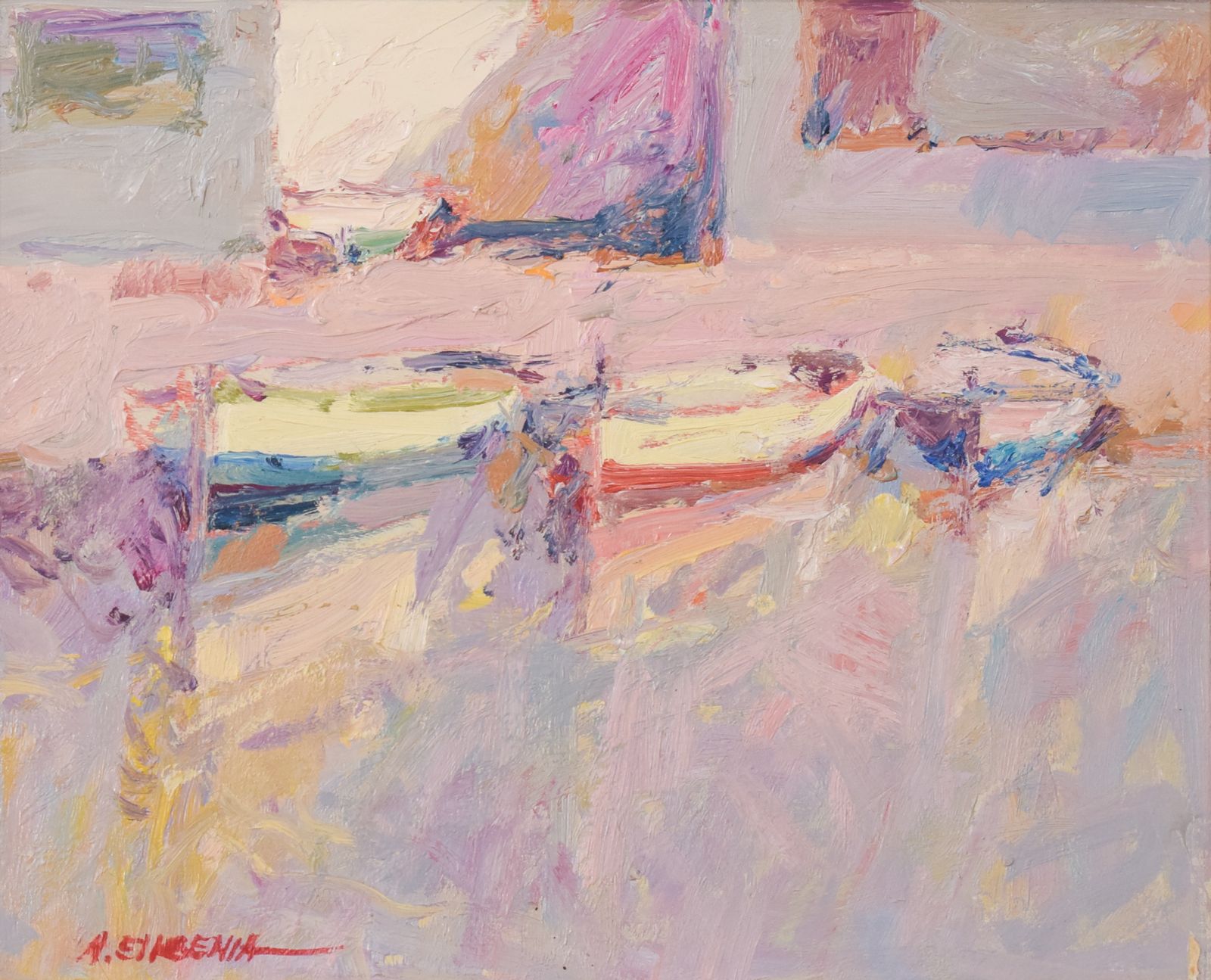 Post Impressionist Oil Painting Of Fishing Boats