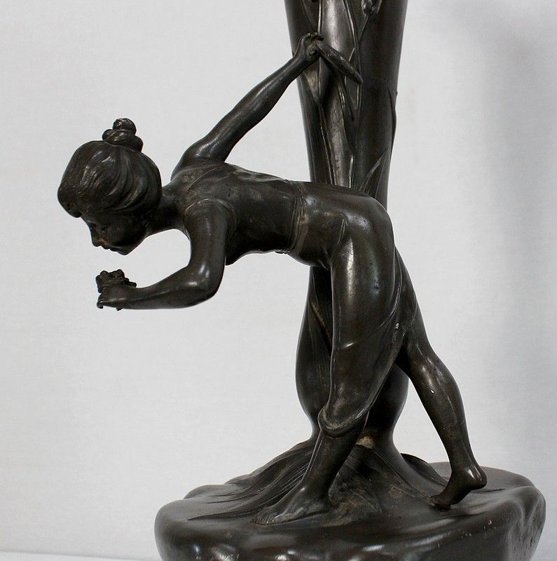 photo furniture Top Pewter Vase, Young Woman Picking A Water Lily, Signed P. Jean, Art Nouveau, Early 20th Century