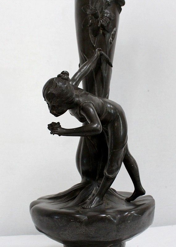 photo for sale Top Pewter Vase, Young Woman Picking A Water Lily, Signed P. Jean, Art Nouveau, Early 20th Century