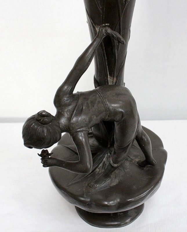Home Decor Top Pewter Vase, Young Woman Picking A Water Lily, Signed P. Jean, Art Nouveau, Early 20th Century photo