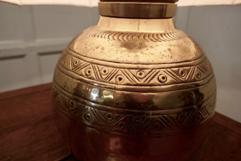 Large Brass Ball Table Lamp With Hand Beaten Decoration photo Lighting