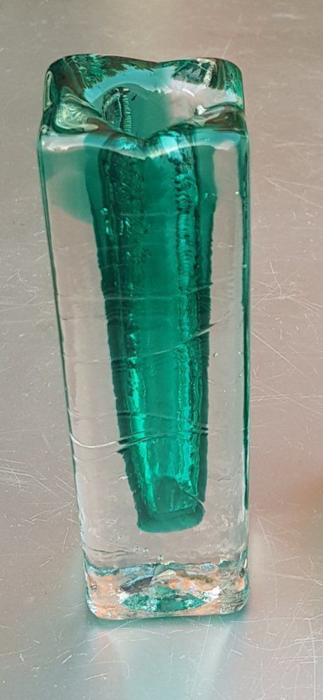 Emerald Green And Clear Glass Block Vase And Candle Holder, 1970s, Set Of 2 photo for sale