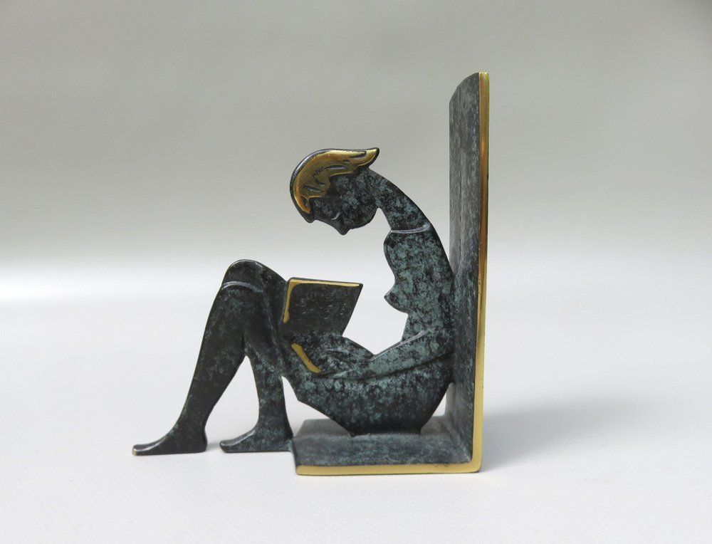 Reading Girl Bookends In Brass With Black Green Patina, 1950s, Set Of 2 photo buy