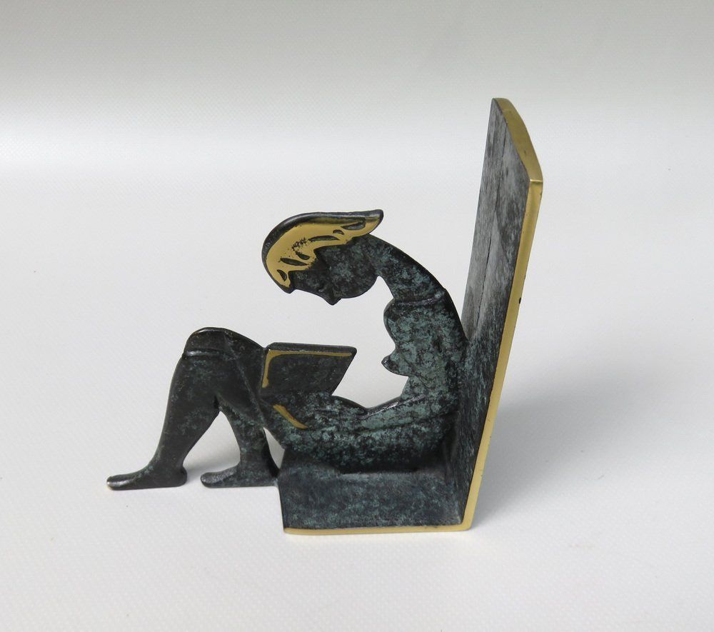 Reading Girl Bookends In Brass With Black Green Patina, 1950s, Set Of 2 photo vintage