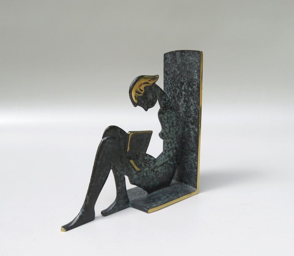 photo furniture Reading Girl Bookends In Brass With Black Green Patina, 1950s, Set Of 2