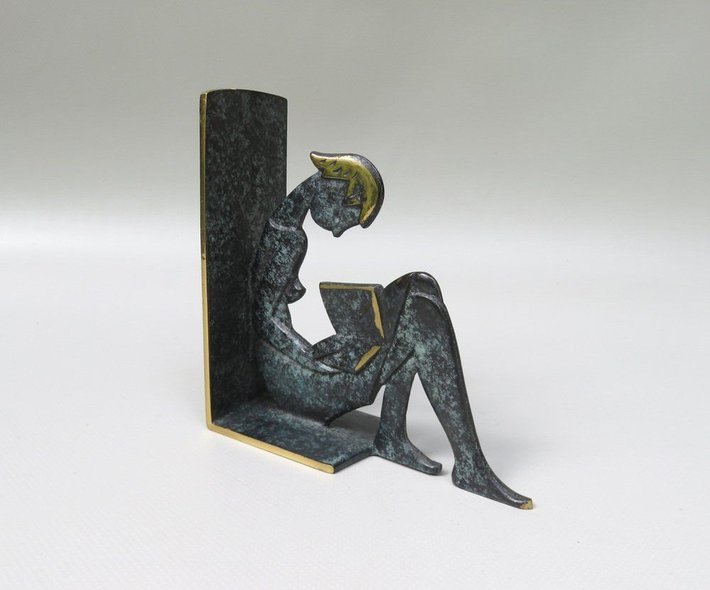 photo for sale Reading Girl Bookends In Brass With Black Green Patina, 1950s, Set Of 2