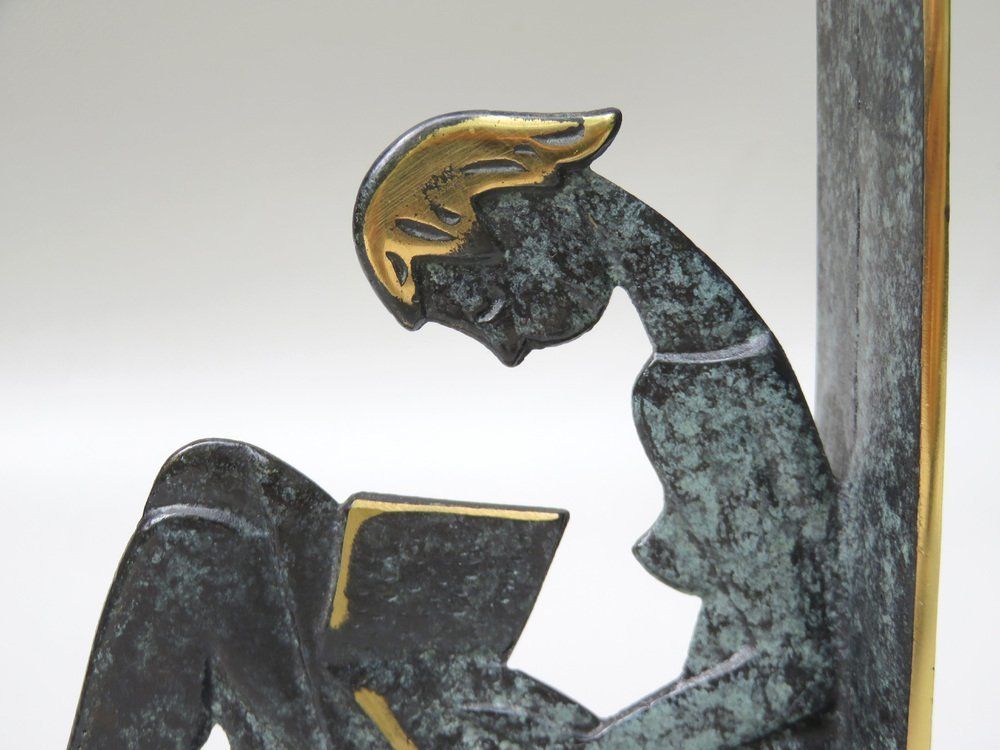 photo buy Reading Girl Bookends In Brass With Black Green Patina, 1950s, Set Of 2