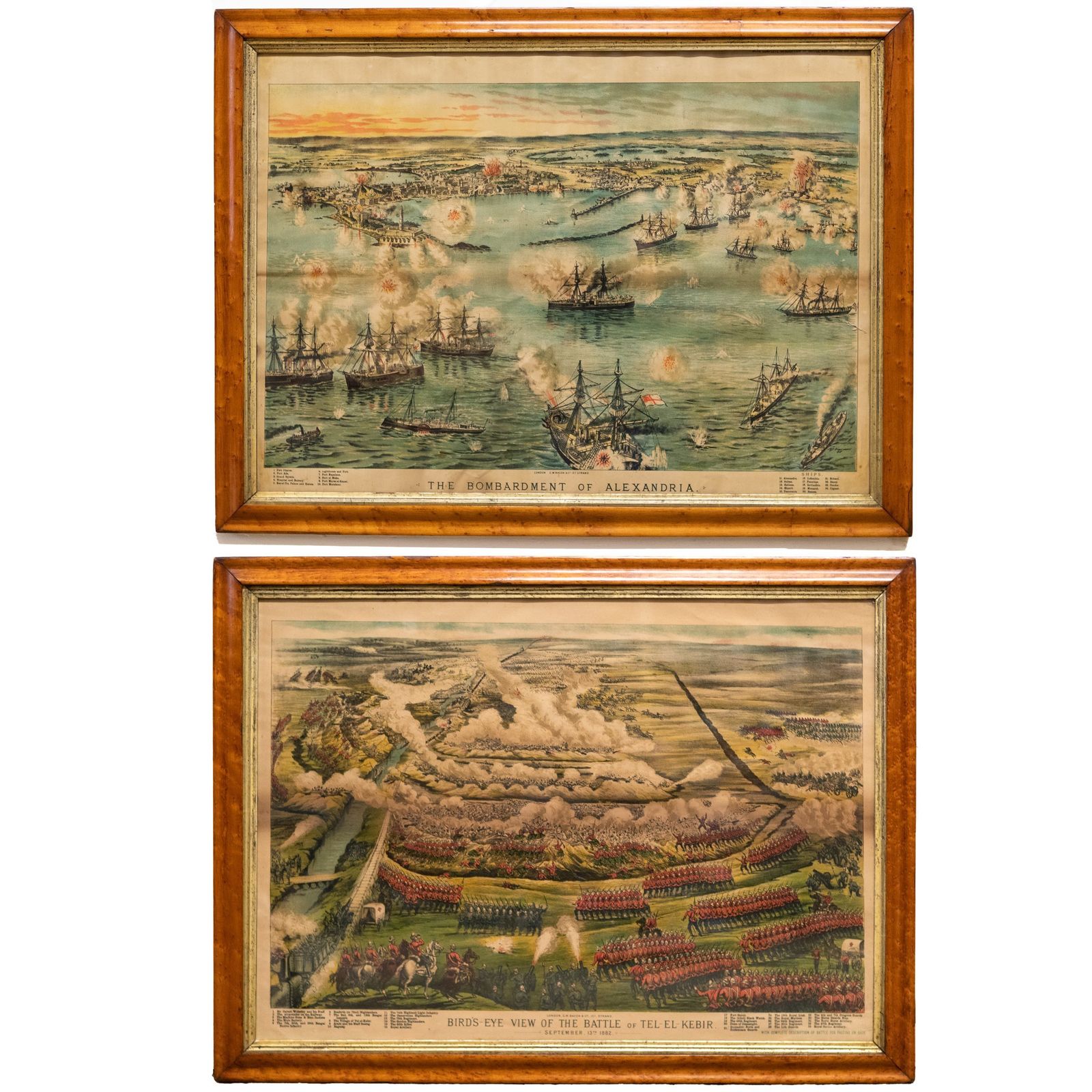 Pair Of Antique Maple Framed Battle Scene Prints: Gw Bacon & Co