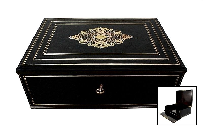 Travel Writing Case In Blackened Wood And Inlays, Napoleon III Period, Mid 19th Century