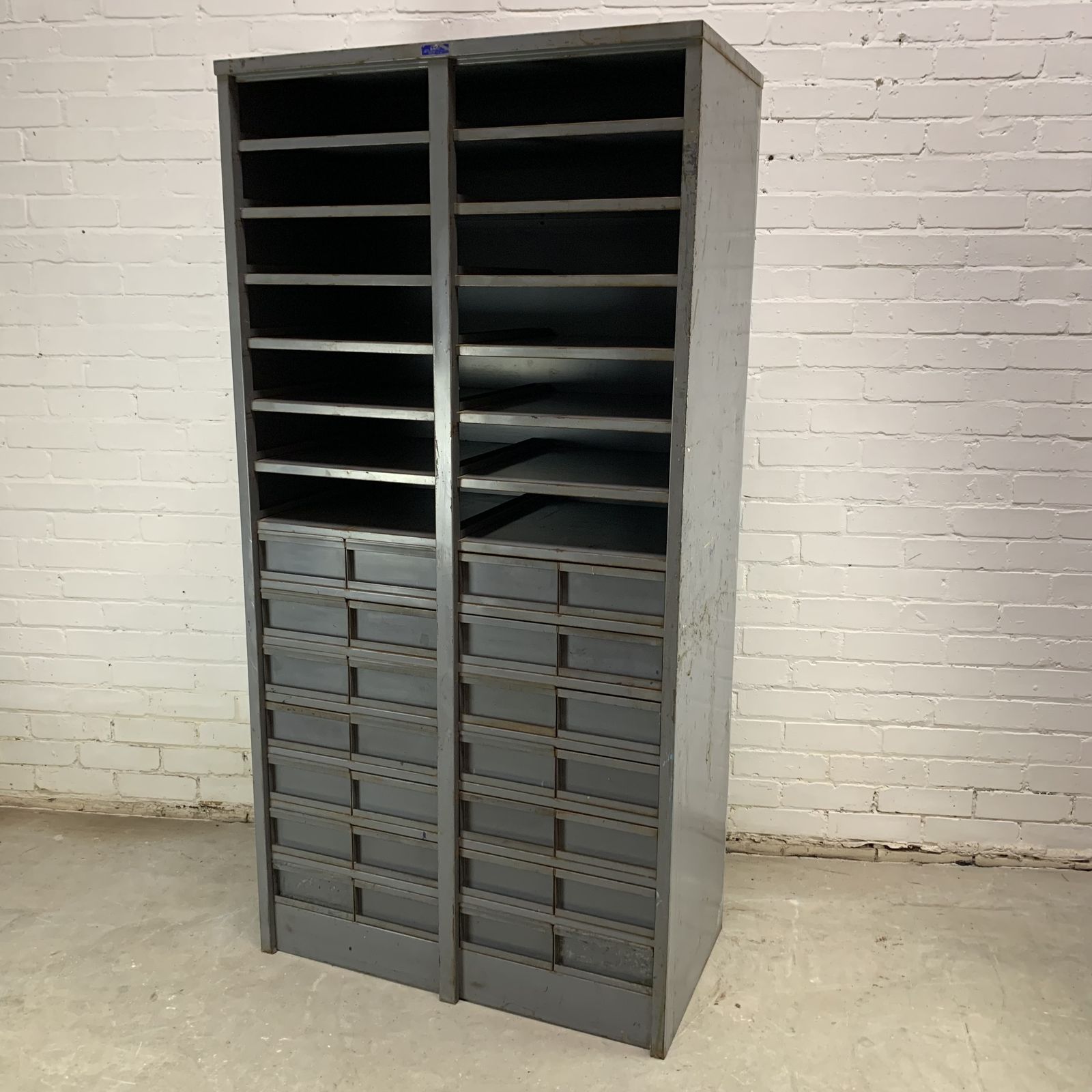 Tall Vintage Industrial Workshop Drawers And Shelving Unit photo furniture