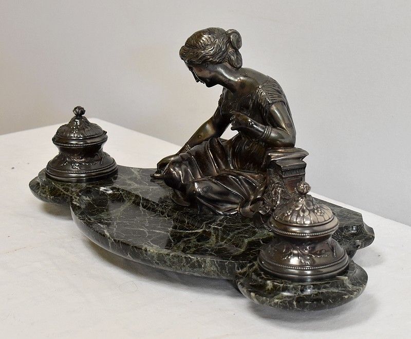 Double Inkwell In Silvered Bronze On Sea Green Marble   1900 photo Home Decor