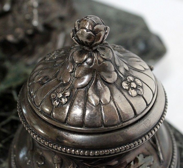 photo buy Double Inkwell In Silvered Bronze On Sea Green Marble   1900