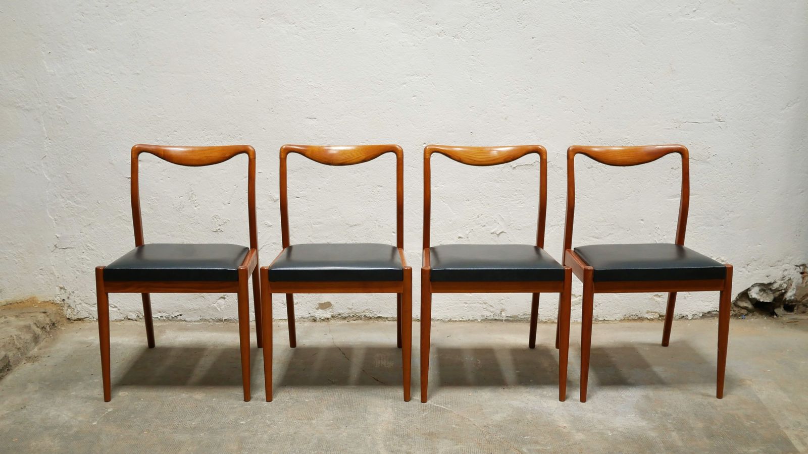 photo for sale Series Of 4 Vintage Scandinavian Chairs In Teak And Skaï