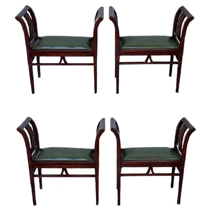 Set Of Four Art Deco Stools In Walnut With Arms And Seat Leather