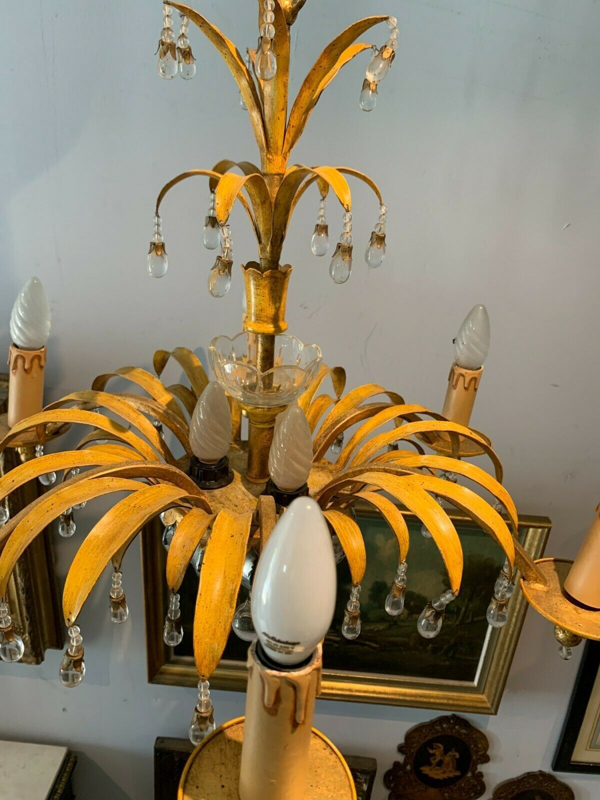 Chandelier In Glass And Patinated Sheet Six Sconces XX Century photo vintage